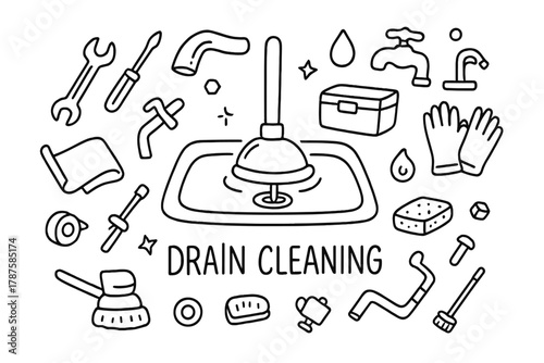 Plunger and Tools Doodle. Drain Cleaning. Hand-drawn doodle illustration of Drain Cleaning. In the middle, one
