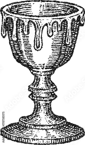 Stipple vector dripping chalice goblet, vintage ritual cup with wax melt for occult altar, witchcraft ceremony and gothic design