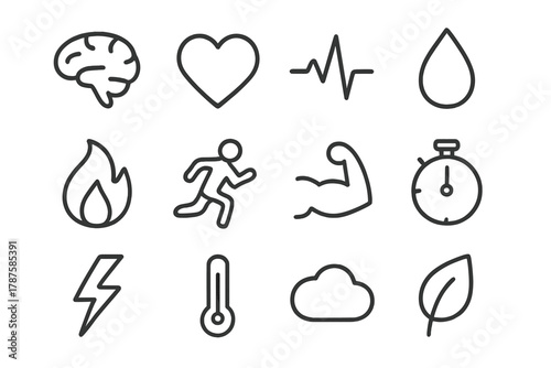 Hormonal Icon Set. Hormonal response. Line outline icon set of hormonal response: brain, heart, pulse line,
