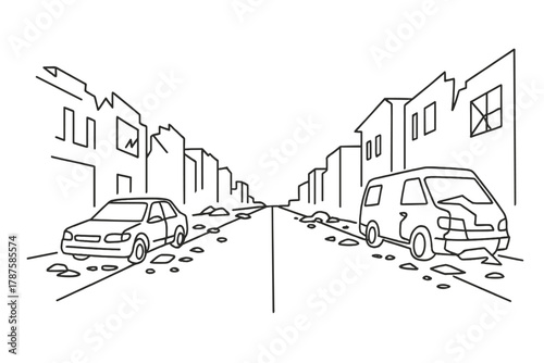 Minimalist Urban Desolation. Desolate Streets. Minimalistic one-line drawing broken vehicles and debris