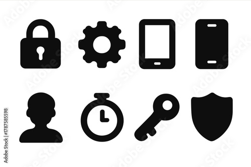 Parental Controls Icons. Parental Controls. Filled icon set of Parental Controls: lock symbol, settings gear,