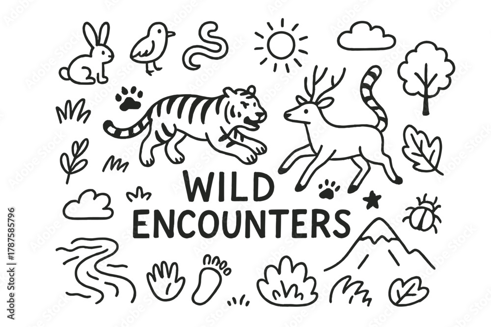 Obraz premium Wildlife Doodle Montage. Wild Encounters. Hand-drawn doodle illustration of Wild Encounters. In the middle,