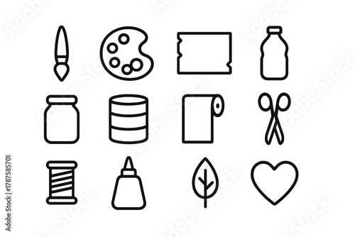 Eco Art Icons. Eco art workshop. Line outline icon set of eco art workshop: paintbrush, palette, cardboard,