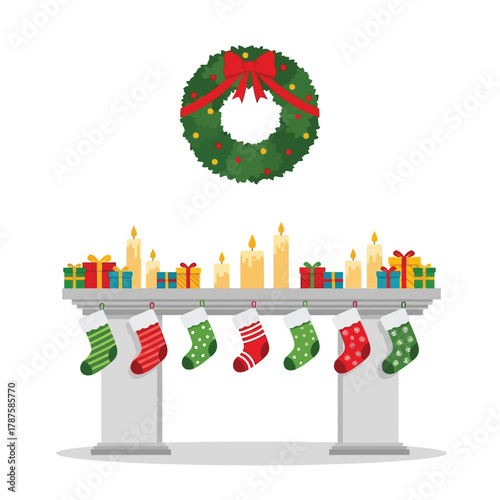Festive Christmas fireplace mantel with stockings, gifts, candles, and a wreath.
