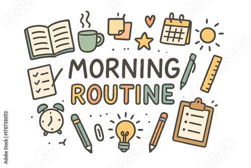 Morning Routine Doodle. Morning routine. Hand-drawn doodle illustration of morning routine. Notebook, coffee