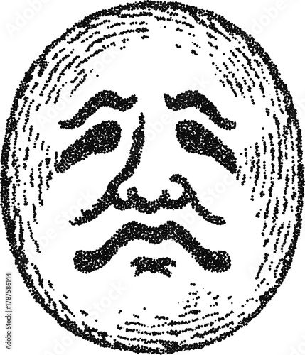 Stipple vector ceremonial mask face front view with solemn expression, vintage idol totem illustration