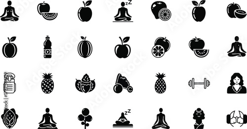 Set of Health and Wellness Including Healthy Eating, Fitness, and Mental Balance