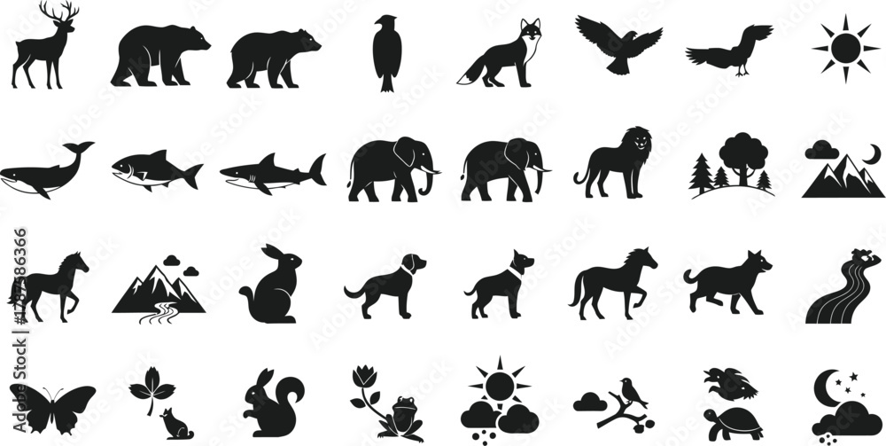 Naklejka premium Variety of wildlife animals silhouettes set isolated on transparent background