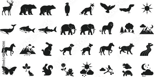 Variety of wildlife animals silhouettes set isolated on transparent background