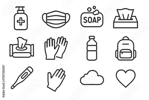 Travel Hygiene Icons. Travel hygiene essentials. Line outline icon set of travel hygiene essentials: sanitizer