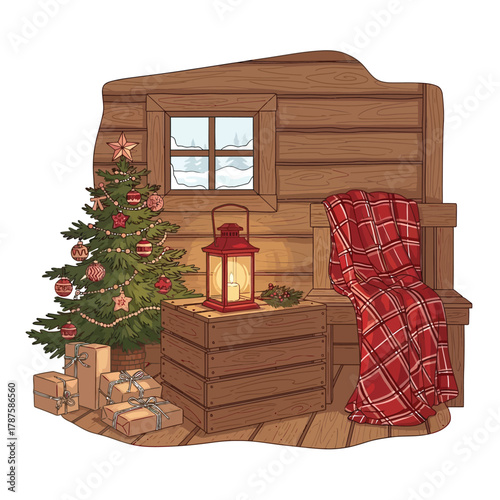 Cozy Christmas cabin interior with decorated tree, presents, lantern, and plaid blanket.