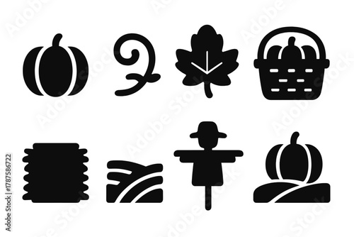 Pumpkin Patch Icons. Pumpkin Patch. Filled icon set of Pumpkin Patch: pumpkin, stem, vine, leaf, harvest