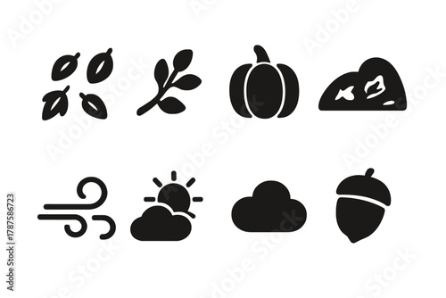 Autumn Icons Set. Falling Leaves Scene. Filled icon set of Falling Leaves Scene: scattered leaves, branch,