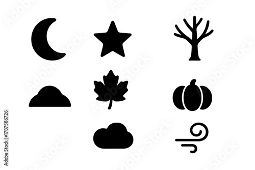 Autumn Night Icons. Autumn Night. Filled icon set of Autumn Night: moon, star, leaf, bare tree, hill, cloud,