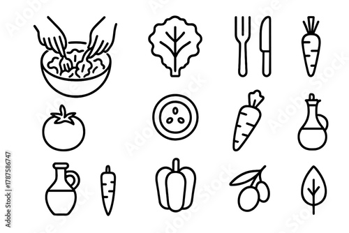 Salad Making Icons. A close-up of a person’s hands making a healthy salad with fresh vegetables. Line outline