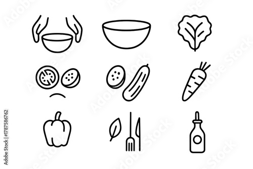 Salad Icon Set. Healthy salad making. Line outline icon set of healthy salad making: hands, bowl, lettuce,