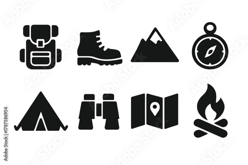 Adventure Icons Set. Adventure Tourism. Filled icon set of Adventure Tourism: backpack, hiking boots, mountain