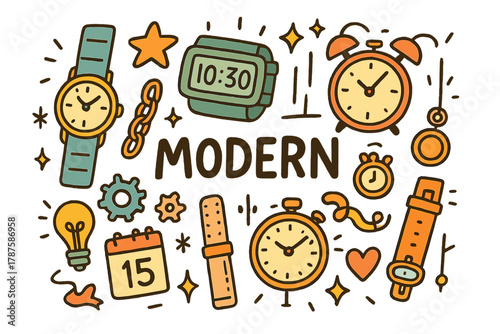 Modern Watches Doodle Collection. Modern watches. Hand-drawn doodle illustration of modern watches. Wristwatch