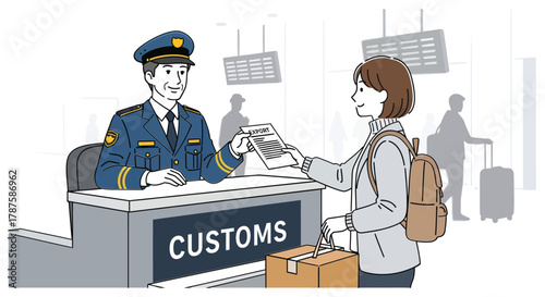 Customs officer inspecting documents of a traveler at airport.