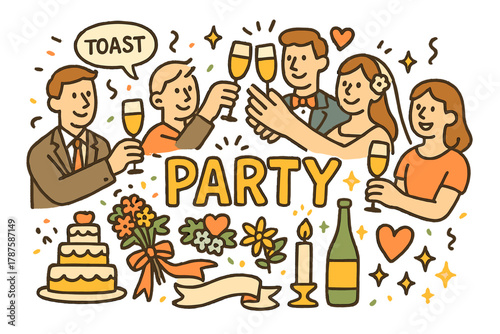 Joyful Wedding Toast. Wedding party toast. Hand-drawn doodle illustration of wedding party toast. Guests,