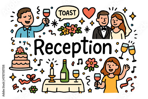 Wedding Reception Celebration. Reception fun. Hand-drawn doodle illustration of a wedding reception fun.
