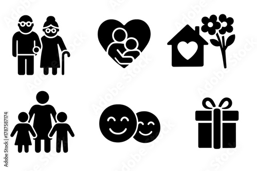 Family Love Icons. Family Love. Filled icon set of Family Love: grandparents, grandchildren, heart, hugging,