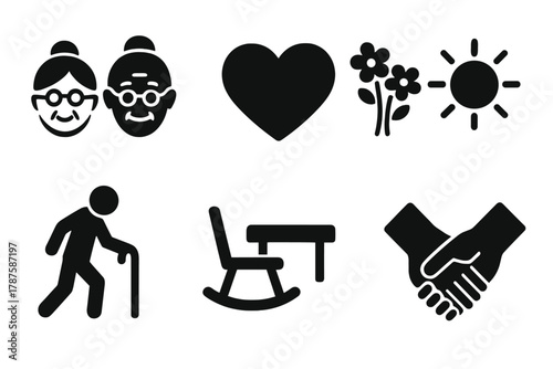 Senior Happiness Icons. Senior Happiness. Filled icon set of Senior Happiness: smiling elderly couple, heart,