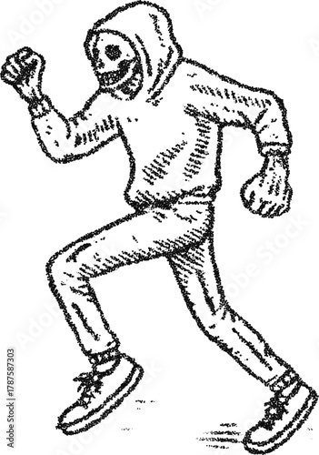 Stipple dotwork hooded runner in motion, vintage engraving vector illustration for urban streetwear, fitness editorial, and dynamic poster graphics