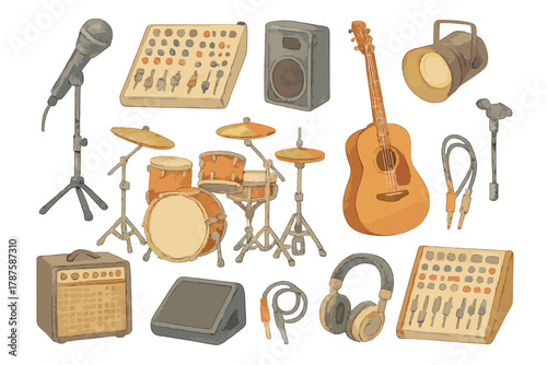 Watercolor Music Gear. Music Performance Setup. Realistic hand-painted watercolor style sticker sheet of music
