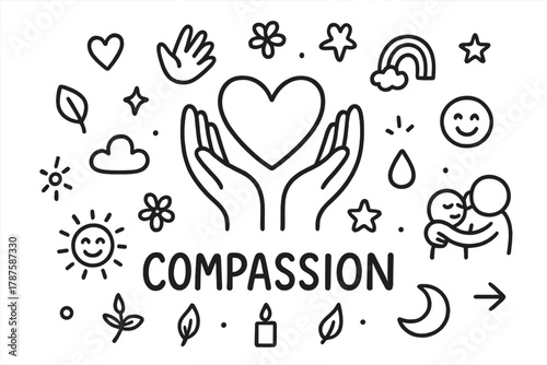 Compassion Doodle Illustration. Compassion. Hand-drawn doodle illustration of Compassion. In the middle, one