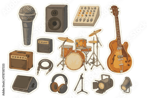 Live Audio Stickers. Live Audio Gear. Realistic hand-painted watercolor style sticker sheet of live audio gear