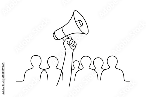 Minimalist Protest Symbol. Activism. Minimalistic one-line drawing megaphone held by protester among crowd,
