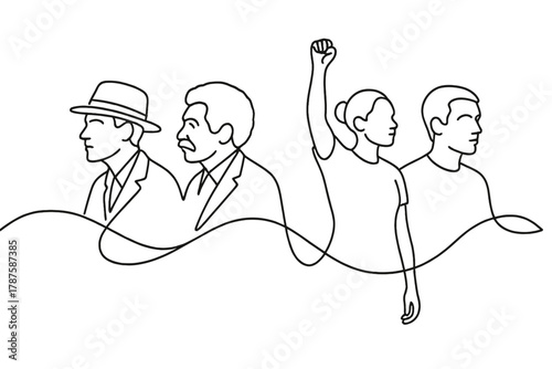 Connecting Generations. Legacy. Minimalistic one-line drawing flowing ribbon connecting past activists to