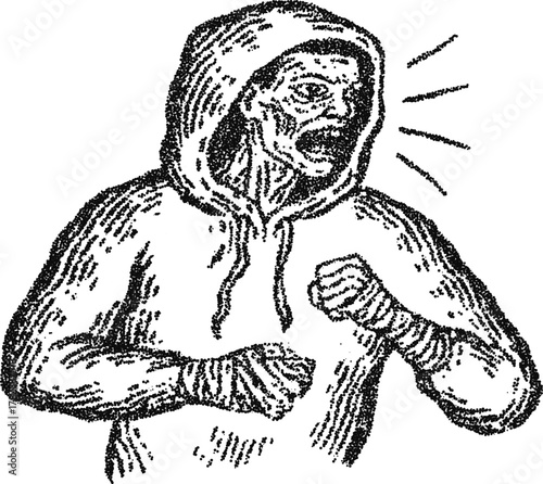 Stipple dotwork hooded boxer shouting in guard stance, vintage engraving vector illustration for streetwear branding, combat sport poster, and sticker