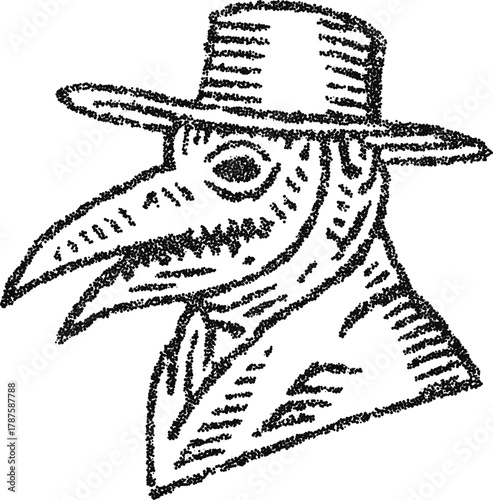 Stipple dotwork plague doctor profile with beak mask and hat, vintage engraving vector illustration for gothic branding, festival, and poster graphics