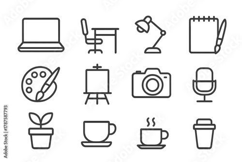 Creative Workspace Icons. Online creative workspace. Line outline icon set of online creative workspace: