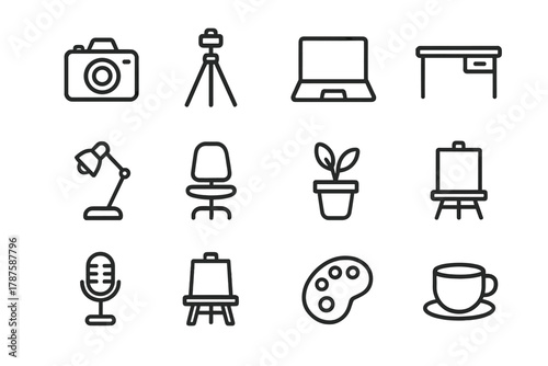 Home Studio Icons. Home photography studio. Line outline icon set of home photography studio: camera, tripod,