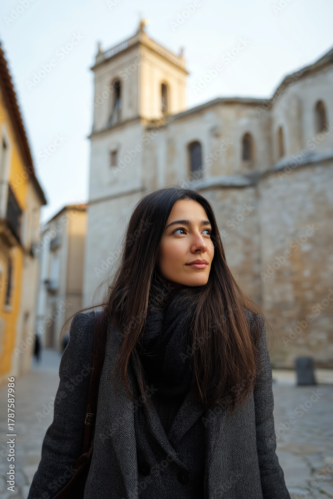 Fototapeta premium Woman walking through a historic European street in autumn, dressed in a dark coat and scarf, admiring the old architecture around her.