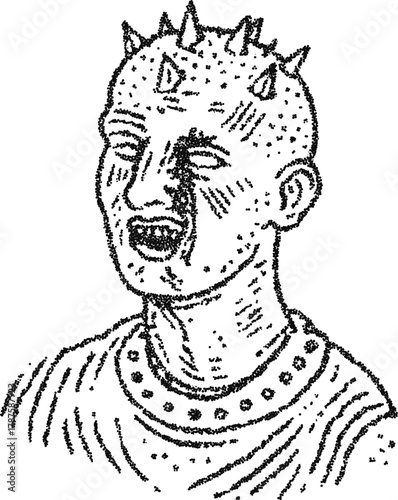 Stipple dotwork spiked demon head portrait grimacing, vintage engraving vector illustration for horror tattoo, streetwear print, and occult branding