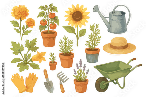 Summer Garden Stickers. Summer Blooms. Realistic hand-painted watercolor style sticker sheet of summer blooms