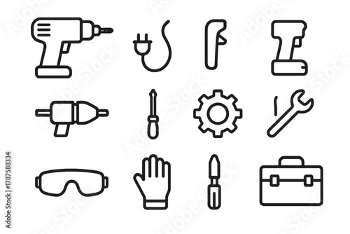 Electric Drill Icons. Electric drill. Line outline icon set of electric drill: electric drill, drill bit,