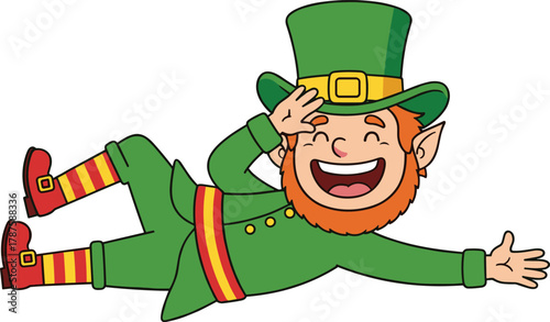 Cartoon leprechaun lying down with green outfit, striped socks, joyful smile and red beard for St. Patrick’s Day vector design