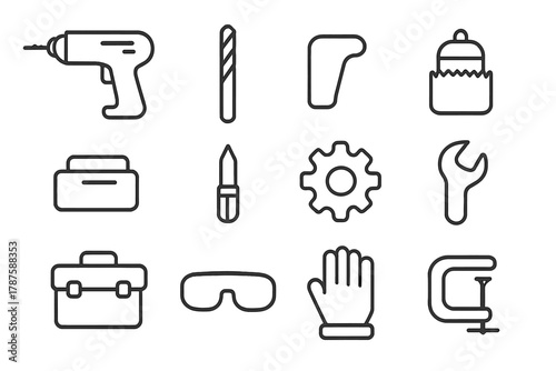 Drilling Tools Icons. Drilling tools. Line outline icon set of drilling tools: electric drill, drill bit,