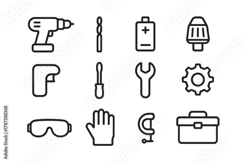 Home Drill Tools Icons. Home improvement drill tools. Line outline icon set of home improvement drill tools: