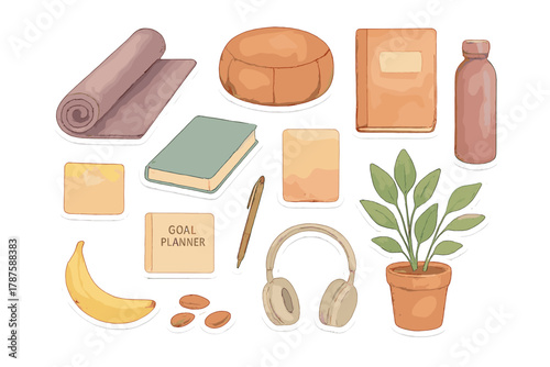 Mindful Lifestyle Stickers. Mindful Lifestyle. Realistic hand-painted watercolor style sticker sheet of