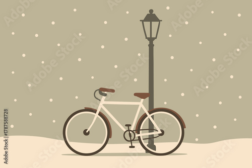 Bicycle in Snow. minimalist flat illustration of a bicycle leaning against a lamppost in the snow, snowflakes