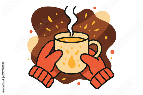 Cozy Mug Glow. Fireplace warmth. Gloves hold a mug glowing with golden liquid, sparks floating like embers