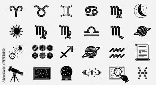 Discover the cosmos with a stunning collection of zodiac symbols, celestial icons, and astrological tools for your creative projects