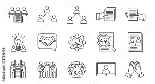 Professional business icons illustrating teamwork, ideas, hiring, and success for modern corporate presentations and strategy development