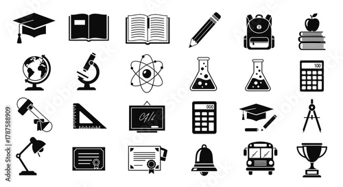 Unlock educational success with this versatile collection of school and science icons, perfect for learning resources and academic projects.